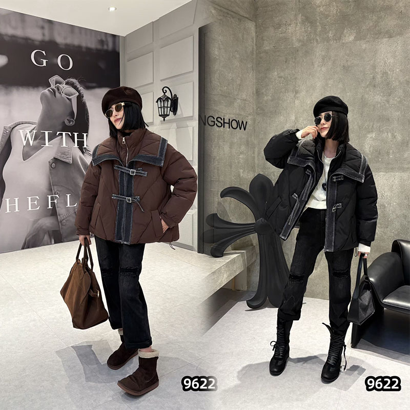 五姐家高品质设计感拼接牛仔棉服女秋冬款200斤棉衣外套大码女装