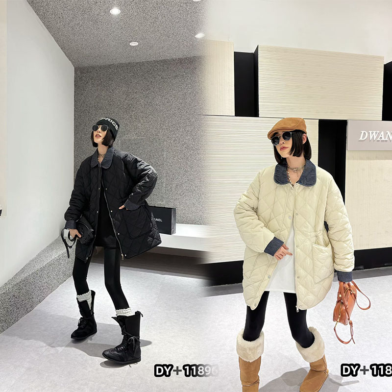 胖妹妹秋冬新款中长款拼接牛仔棉服女200斤宽松薄款外套大码女装