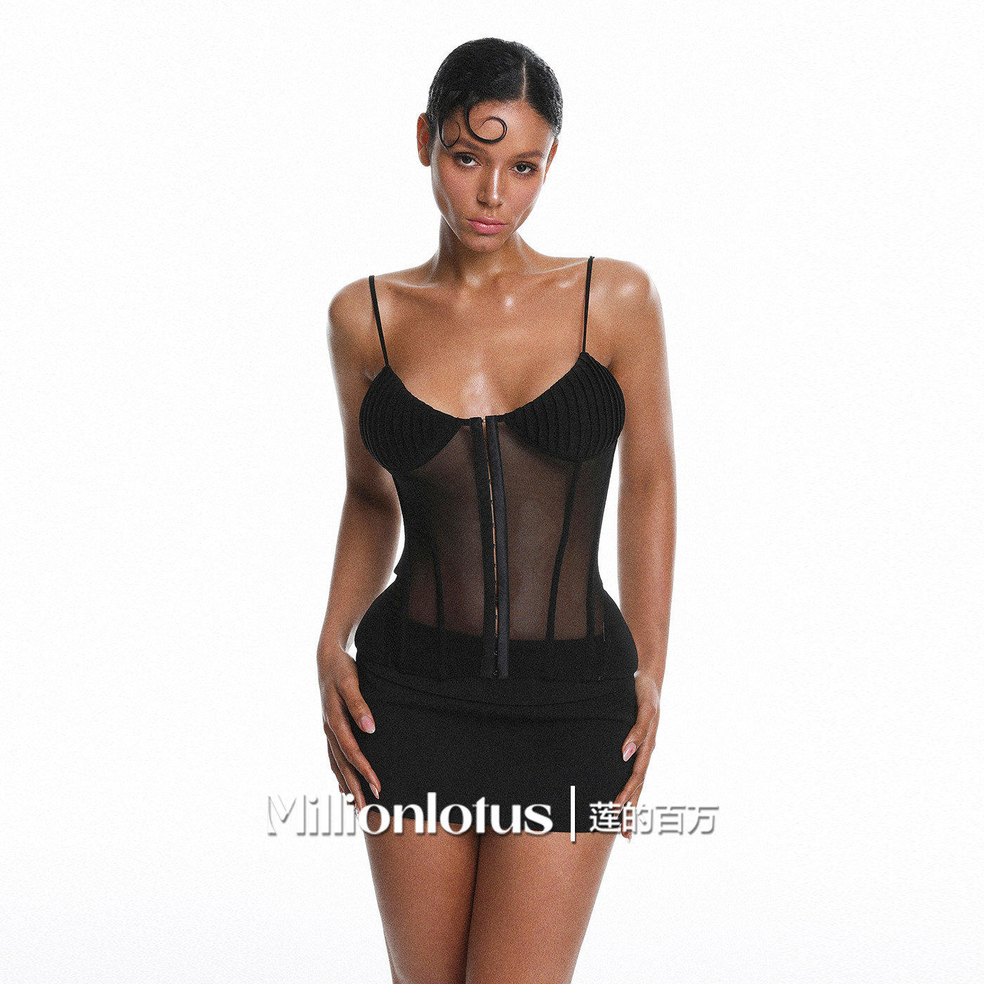 莲的百万  黑色蕾丝网纱细肩带胸衣辣妹性感包臀短裙御姐风