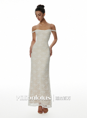 莲的百万绝美蕾丝一字肩纯欲修身连衣裙欧美风气质无袖吊带高腰裙