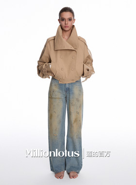 莲的百万  卡其色立领短款风衣高级感双排扣英伦风外套牛仔裤套装