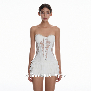 荷叶边半裙套装 纯欲风蕾丝拼接抹胸束腰 百万 莲