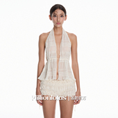 莲 挂脖深V背心搭配褶皱花苞短裤 百万 白色系度假套装
