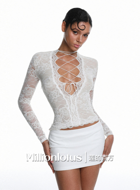 莲的百万  白色蕾丝性感交叉绑带上衣包臀短裙套装纯欲辣妹