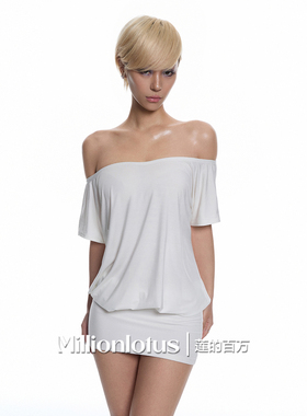 莲的百万  白色一字肩设计短袖慵懒纯欲连衣裙高级性感包臀连衣裙