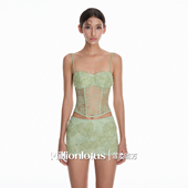 蕾丝性感收腰吊带上衣抹胸短裙两件套装 清新绿色感短款 百万 莲