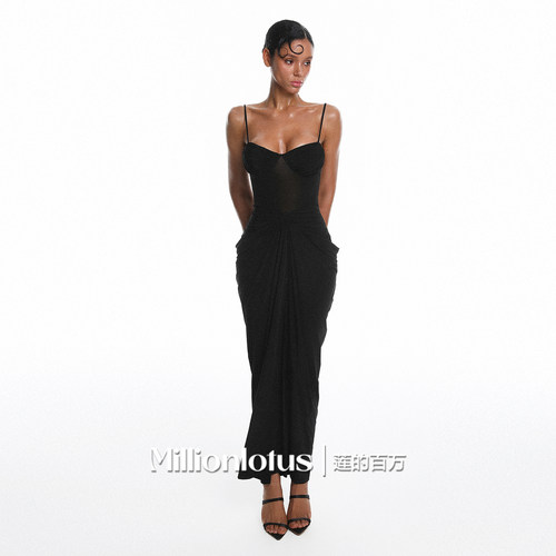 莲的百万  纯欲风吊带网纱裙 V领束腰褶皱连衣裙摆收腰御姐风