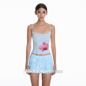 浅蓝花瓣短裙套装 莲 印花吊带短上衣 海岛度假 百万