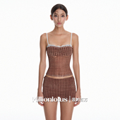 百万 性感甜辣风 格纹吊带短上衣 莲 短裙套装