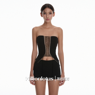 百万 半裙套装 镂空性感 短上衣 抹胸镂空绑带 莲