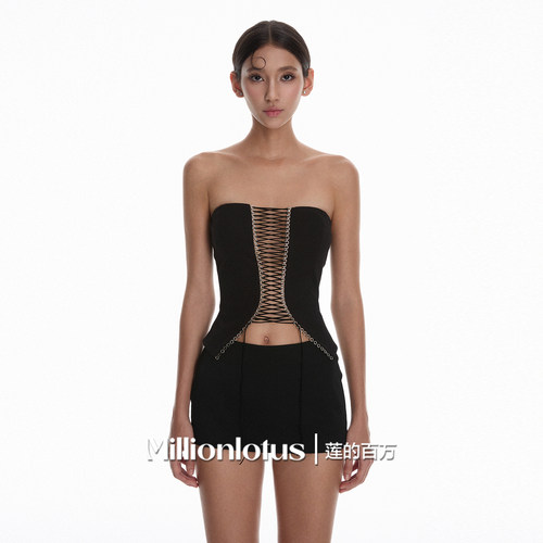 莲的百万  镂空性感 抹胸镂空绑带 短上衣 半裙套装
