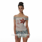 莲 百万初夏百合印花海边氛围感蕾丝T恤一字肩百搭上衣夏日新款