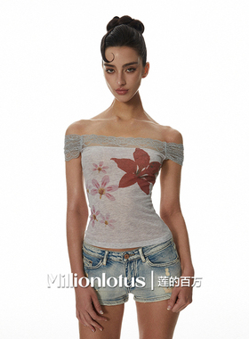 莲的百万初夏百合印花海边氛围感蕾丝T恤一字肩百搭上衣夏日新款
