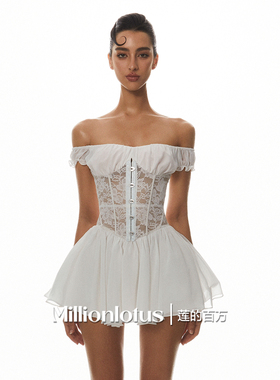 莲的百万 白色纯欲清氧蕾丝鱼骨蓬蓬公主连衣裙