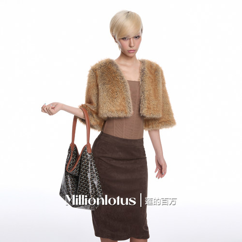莲的百万  黄棕色超贵气毛毛短外套时尚棕色半裙 鱼骨抹胸
