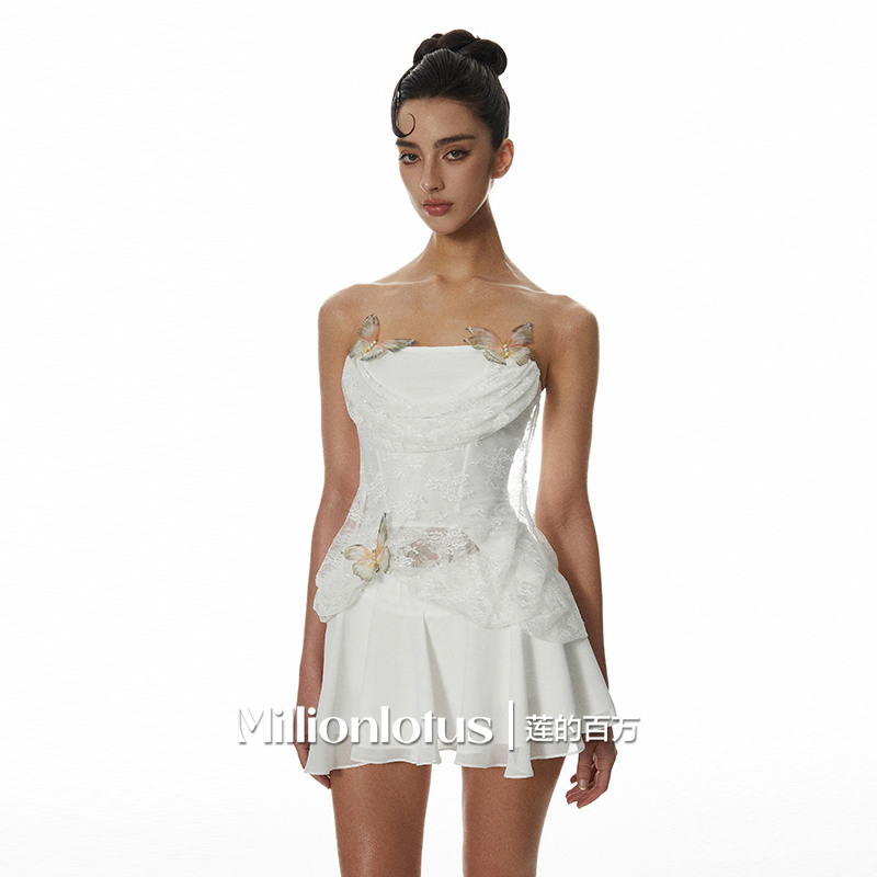 莲的百万蝴蝶梦境浪漫蕾丝柔纱灵动抹胸短裙两件套小众设计穿搭