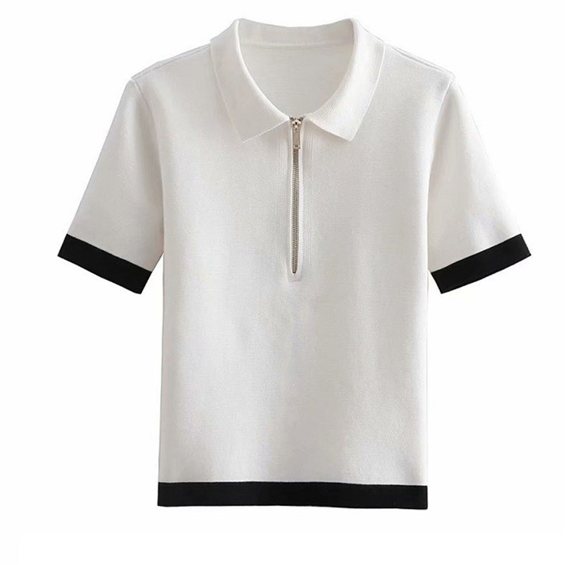 아이스 실크 티셔츠 여성 반팔 루즈 슬림 폴로 칼라 지퍼 탑 여름 2024 새로운 얇은 스웨터