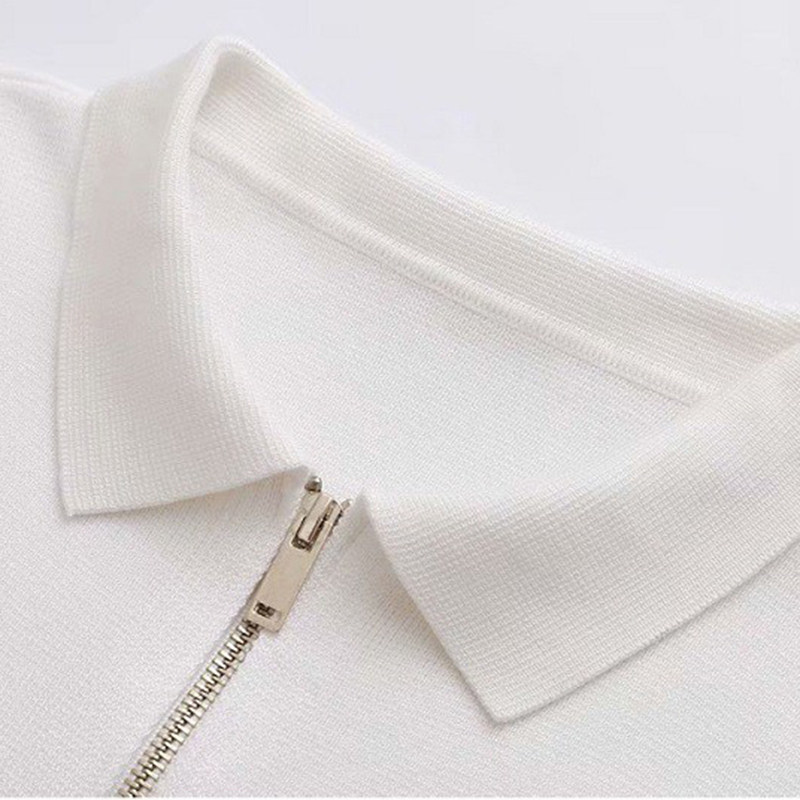 아이스 실크 티셔츠 여성 반팔 루즈 슬림 폴로 칼라 지퍼 탑 여름 2024 새로운 얇은 스웨터