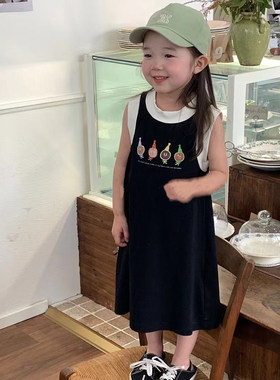 番茄田夏装新款女童装宝宝小童休闲卡通中长款T恤裙背心连衣裙子
