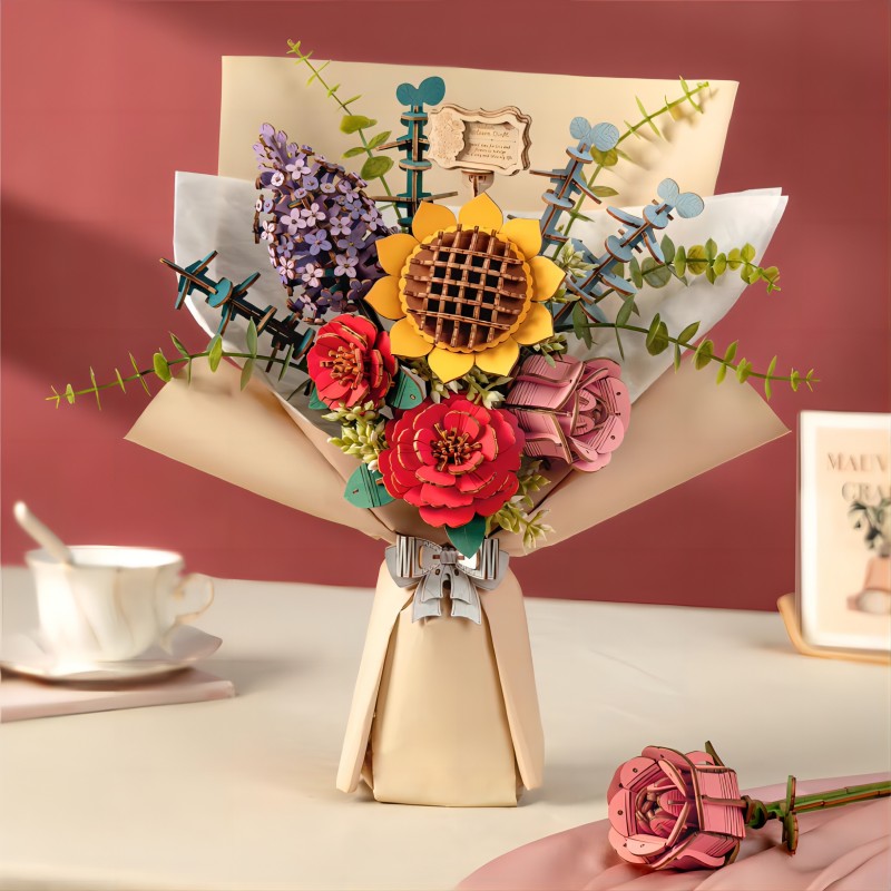 若态若客木艺繁花积木花拼装玩具女diy插花儿童立体拼图创意礼物