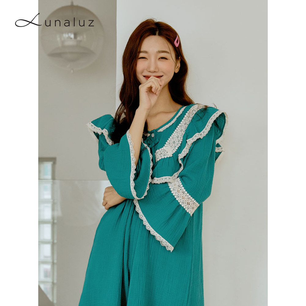 Lunaluz韩国进口甜美睡裙长裙休闲纯棉秋冬圆领家居服荷叶边清仓