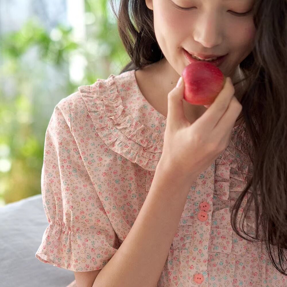 春夏纯棉碎花娃娃领女睡衣套装
