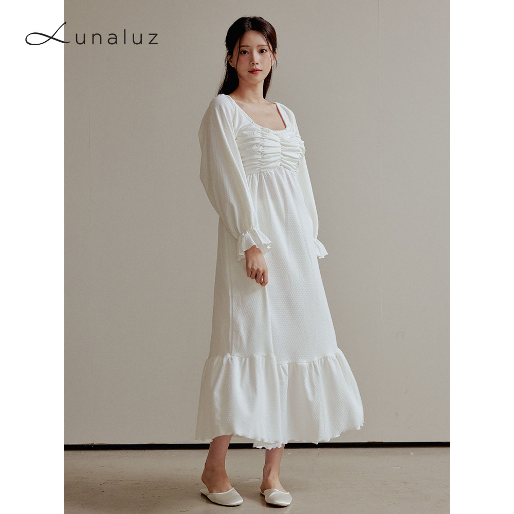 Lunaluz睡裙甜美春秋韩国进口睡衣家居裙露娜LU家简约文艺薄清仓