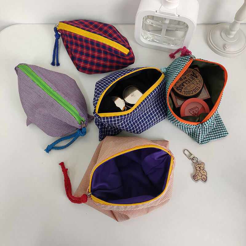 经典小格子化妆包便携外出随身复古零钱包文具袋大容量多功能笔袋