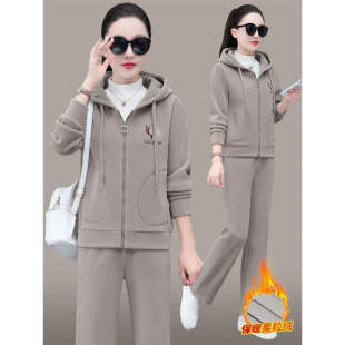 中年妈妈冬装外套中老年运动服套装女秋冬新款加绒加厚卫衣两件套