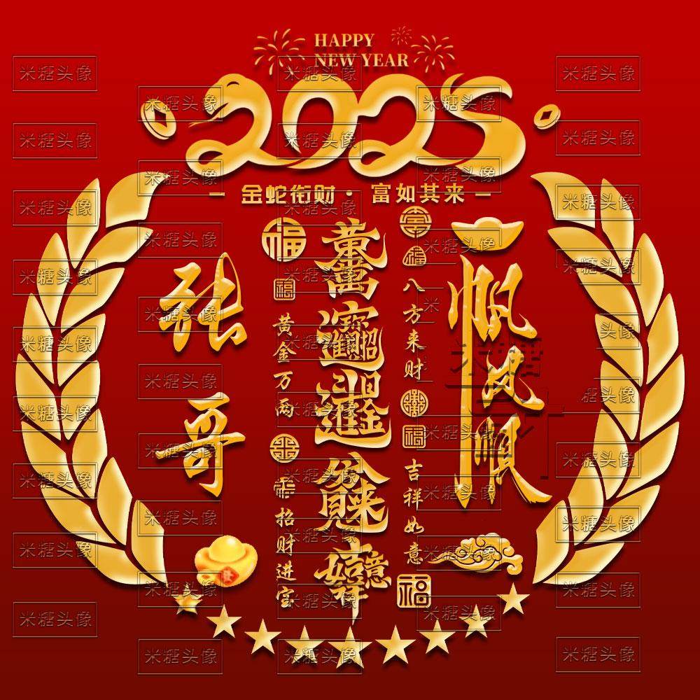 2025红色喜庆好运发财合体字姓氏签名照片款头像psd直播模板素材