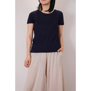 东雍 春夏丝绒女士修身圆领薄款百搭套头打底针织衫半袖短袖T恤