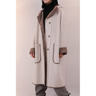 东雍 大衣外套 重磅加密双面两穿裁剪宽松单排扣连帽中长羊绒开衫