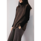 东雍 复古时尚 女士宽松开叉后背镂空绞花套头羊绒针织马甲背心