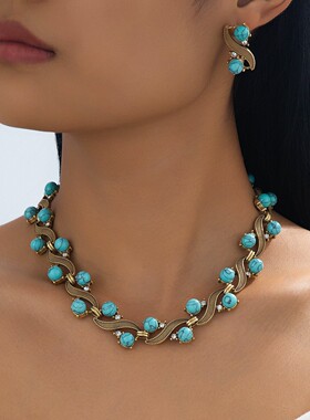 中古vintage饰品绿松石项链新款高级感轻奢小众锁骨链手链耳饰