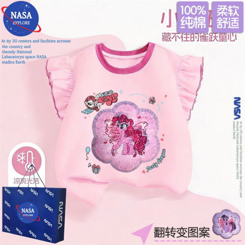 NASA女童t恤无袖上衣小马宝莉变色纯棉洋气时髦背心夏季花边短袖