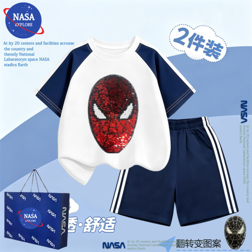 NASA蜘蛛侠卡通儿童套装夏季纯棉男童短袖T恤裤子休闲运动两件套