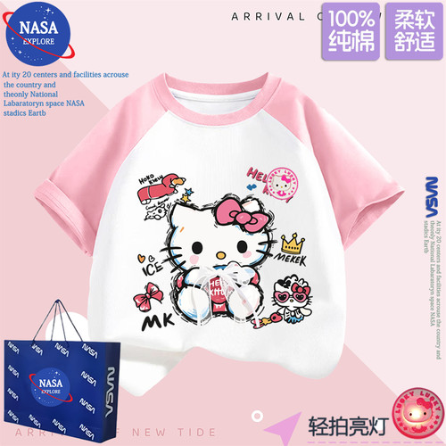 NASA夏季洋气女童HelloKitty短袖发光亮灯可爱蝴蝶结纯棉T恤上衣