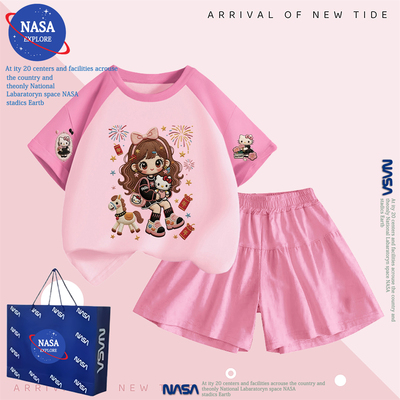 NASA女童纯棉短袖T恤夏季新款洋气烟花女孩kt猫可爱裤裙两件套潮