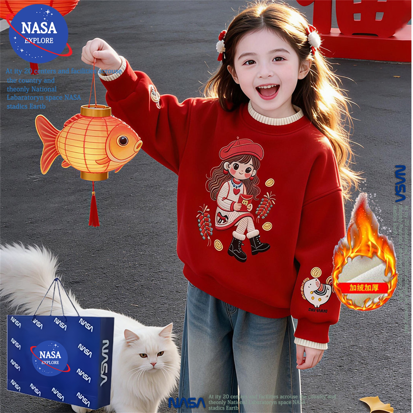 NASA马年女童红色加绒卫衣秋冬季新年国风小女孩儿童装喜庆拜年服