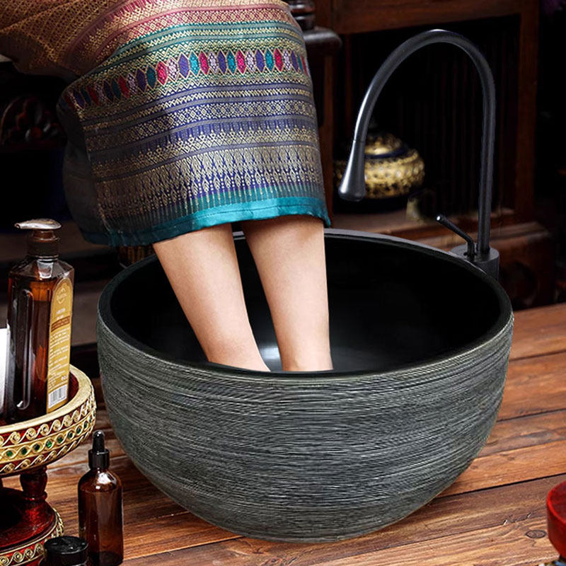 泰式足浴盆陶瓷圆形加深黑色家用泡脚盆会所泡脚桶洗脚盆净足盆