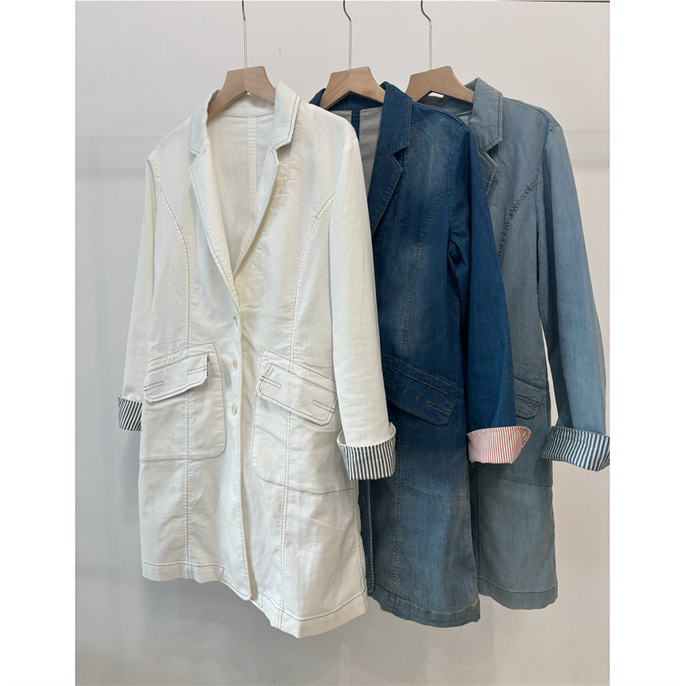 2.9W+日系设计师线IMM@GO薄毛巾里长款西服领弹力牛仔外套春秋