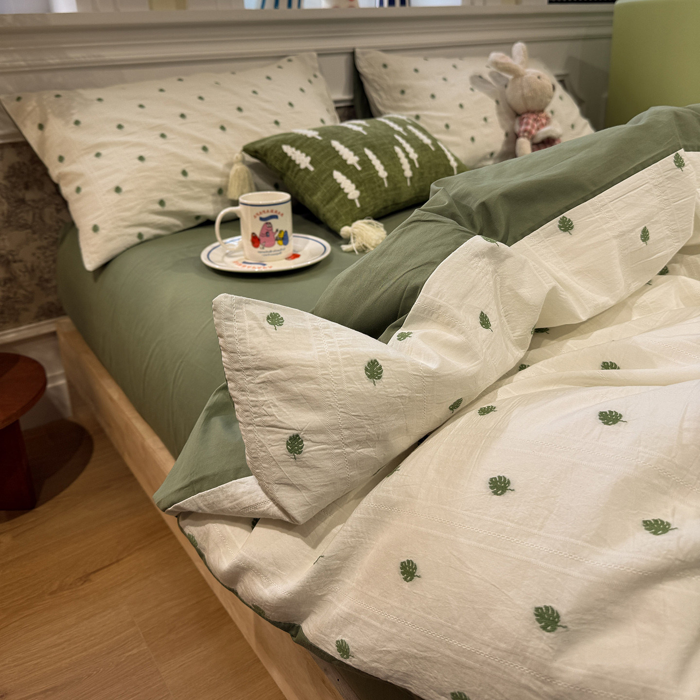 A类小清新提花纯棉水洗棉床上四件套100全棉小绿叶被套床单三件套