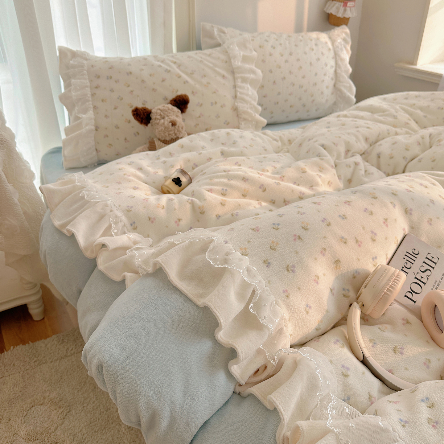 韩式小清新花边牛奶绒四件套秋冬加厚保暖双面珊瑚绒被套床单床裙