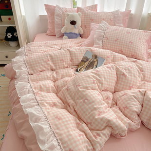 韩式 格子蝴蝶结全棉四件套100纯棉少女心公主风被套床单床上用品4