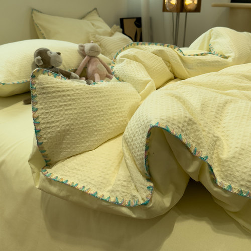 米黄华夫格三角针纯棉四件套全棉