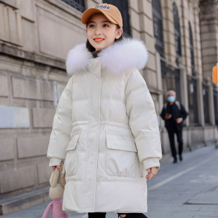 女童加厚百搭连帽大版学生中长款羽绒服女大毛领加厚保暖外套