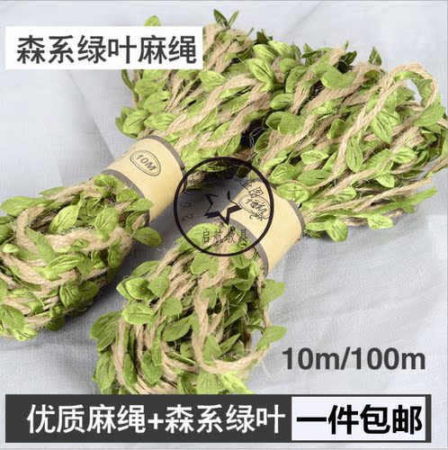 绿色深蓝藤条树叶麻绳手工diy