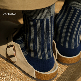 维姆工作室 轻奢小众藏蓝条纹男女棉袜日系中筒袜秋冬情侣