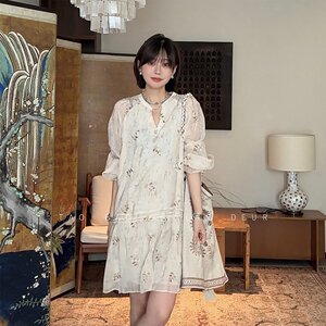 法式轻奢重工刺绣长袖碎花减龄连衣裙大码夏胖MM宽松休闲遮肚藏肉