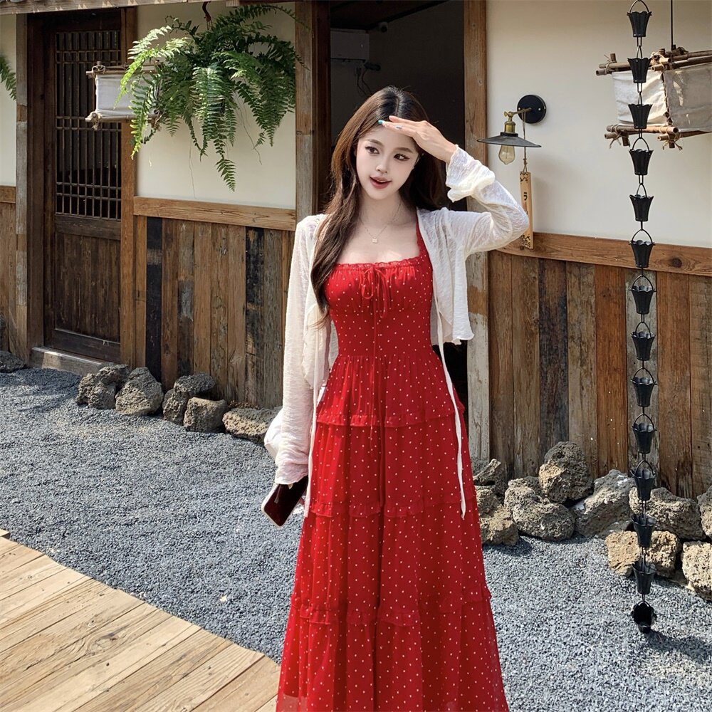 夏绝美红色吊带连衣裙海边沙滩长裙子胖MM度假风遮肉显瘦二件套装图片